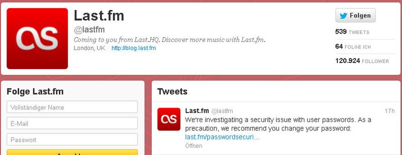 Last.fm meldet per Twitter dass Sie aktuell einem möglichen Passwortdiebstahl nachgehen. (Archiv: Vogel Business Media)