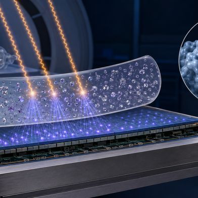 Lanthanoid-Werkstoffe werden als Leuchtstoffe für flexible Röntgenkonverter sowie als Träger für CT- und MRT-Kontrastmittel untersucht. Die konzeptionelle Darstellung verbindet Detektortechnik und molekulare Bildgebung. (Konzeptgrafik: Guido Deußing/OpenAI.)