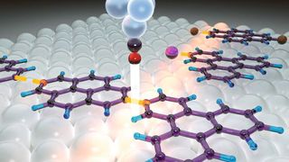 Molekül-für-Molekül-Herstellung von organischen Nanoarchitekturen mithilfe der Spitze eines Rasterkraftmikroskops auf einer Salzoberfläche. Während die Oberfläche die Moleküle in Position hält, führt die Spitze die einzelnen Reaktionsschritte durch. Diese werden jeweils durch kurze Spannungspulse ausgelöst. (Daniel Ebeling)