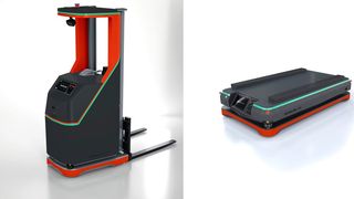 Stäubli and Safelog announce their cooperation to optimize transport logistics. This involves, for example, these two Stäubli systems. On the left is the counterbalanced stacker FL1500 and on the right is the heavy-duty transport robot PF3, which will be available with Safelog system control from 2025. (Image:Stäubli)