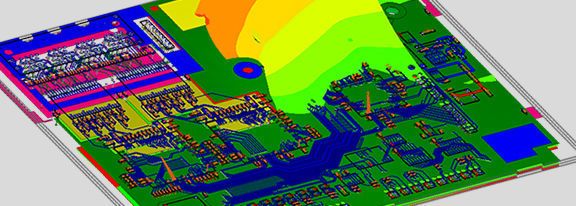 Simulation unterstützt bei der elektromagnetischen Verifikation von Platinenlayouts (Anwendung 15). (Bild: Cadfem)