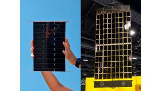 Die Solarmodule nutzen eine Schindel-Matrix-Verschaltung für die Solarzellen. In Kombi-nation mit kostengünstigen Silizium-Solarzellen ermöglicht dies Module zu deutlich geringeren Kosten zu fertigen. Links ein einzelnes Modul, rechts ein ganzer Flügel mit 108 Modulen.  (Bild: Fraunhofer ISE (links) / Source Energy Company (rechts))