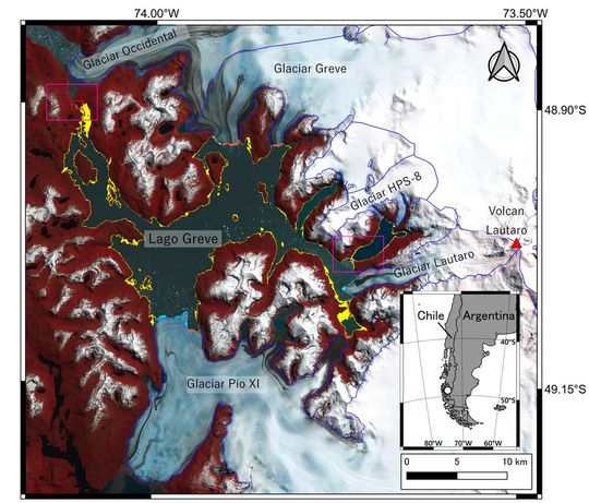 Satellite image of Lago Greve (Greve Lake), Chile and surrounding landmarks. The area which turned from lake to land surface from 8 April to 1st November 2020 are highlighted in yellow. Areas highlighted in orange and cyan indicate advance and retreat of glacier calving fronts during the same period. The red box (top left) indicates the location of the lake outlet. Satellite image of Lago Greve (Greve Lake), Chile and surrounding landmarks. The area which turned from lake to land surface from 8 April to 1st November 2020 are highlighted in yellow. Areas highlighted in orange and cyan indicate advance and retreat of glacier calving fronts during the same period. The red box (top left) indicates the location of the lake outlet.