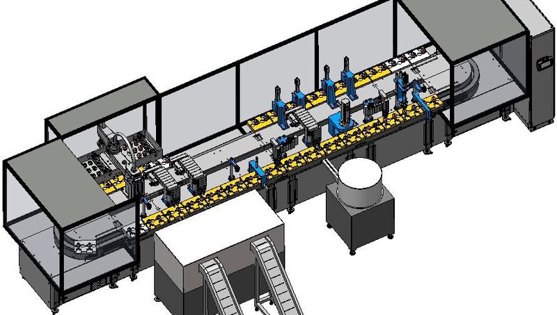 Layout der neuen Montagelinie für Thermostate auf Basis eines modularen Längstransfersystems.(Bild:  Grün & Köder)