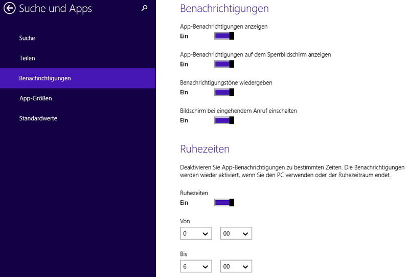 Windows 8.1 zeigt zu verschiedenen Gelegenheiten Benachrichtigungen am oberen Bildschirm an. Anwender können in den Einstellungen festlegen, welche Benachrichtigungen Windows ausblenden soll. Die Einstellungen sind in der Charmsbar bei Apps/Benachrichtigungen zu finden. (Bild: VBM)