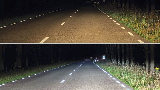 Oben zwei Fahrzeugscheinwerfer mit konventionellen Halogenlampen, unten mit der Nachrüstlösung „Philips Ultinon Pro6000 LED“.(Bild:  Lumileds/Philips)