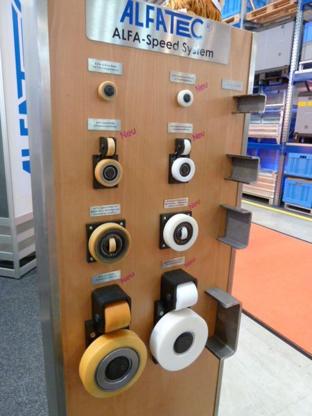 Alfatec zeigte neue Schnelllaufrollen aus Polyamid und Vulkollan. Mit einer Geschwindigkeit von 5 m/s eignen sich diese besonders für Anwendungen in der Förder-, Lager- und Verpackungstechnik. (Archiv: Vogel Business Media)
