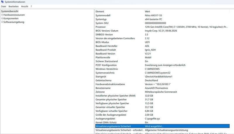 Die Systemübersicht der Systeminformationen führt auf einem Acer Nitro AN517-55 die virtualisierungsbasierte Sicherheit im Zustand 