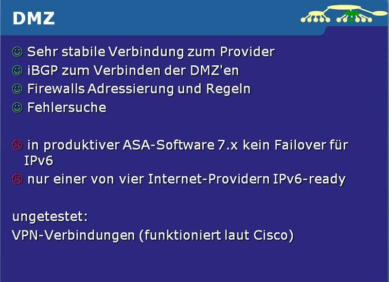 Qimonda hatte auf den verschiedenen Kontinenten unterschiedliche Provider:  Provider : Telia Sonera, Versatel und Singtel. Mit Hilfe von T-Systems gelangte Kurfürst an Ipv6-Adressen. ------------------- Mehr Details zu den aufgetretenen Problemen gibt es in den Videos und in dem kompletten Foliensatz von Dirk Kurfürst. Diesen gibt es am Endes des Artikels zum Download (PDF) oder zum schnellen Durchklicken in der Bildergalerie von IP-Insider. (Archiv: Vogel Business Media)