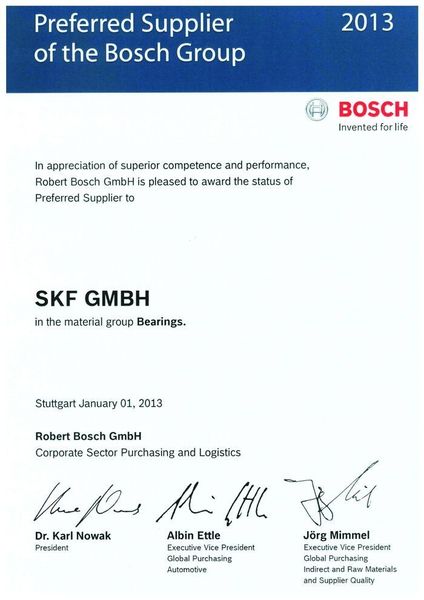 Ehren als Vorzugslieferant wurden SKF unter anderem von Bosch zuteil. (Bild: SKF)