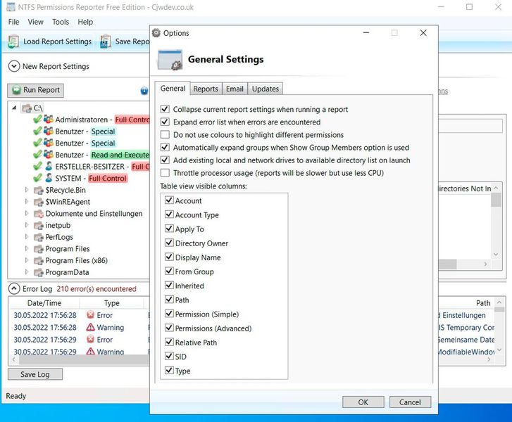 Anpassen der Optionen von NTFS Permissions Reporter. (Bild: Joos / CJWDEV)