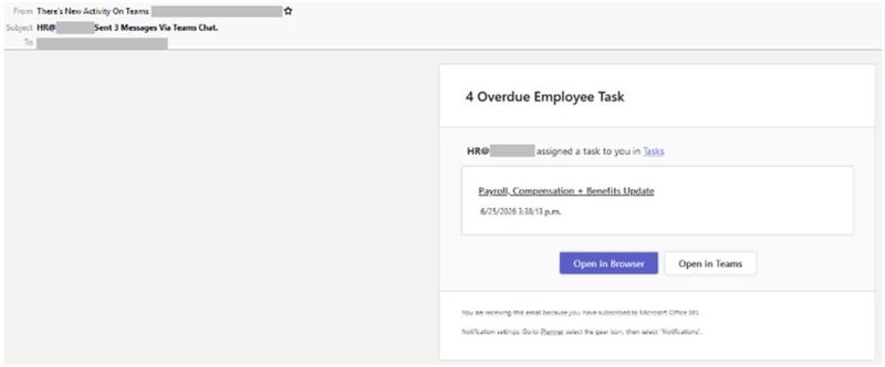 E-Mail über eine MS-Teams-Benachrichtigung, der Anwender solle einer verseuchten Anwendung Berechtigungen erteilen. (Bild: Check Point Software)