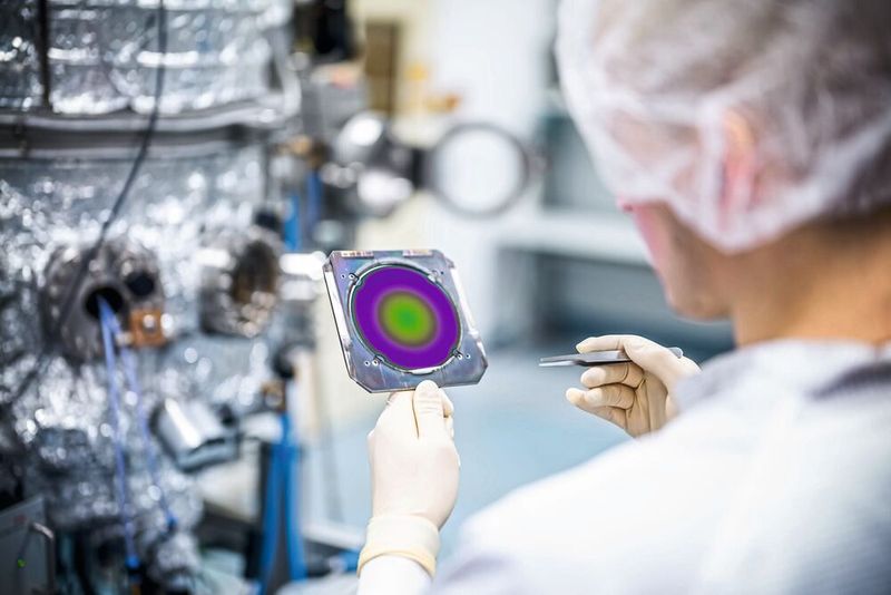 Dünnfilm und Epitaxie im Fokus: Prozesskontrolle auf dem Wafer. Es ist symbolisch für Reinheit, Spannungen und den Dünnfilm‑Transfer, welche die LED‑Massenfertigung möglich machten. (Bild: AMS Osram)