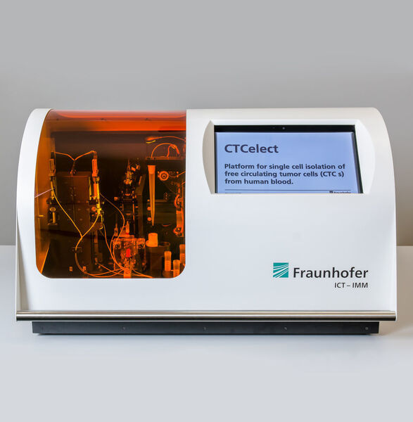 Das Messe-Highlight des Fraunhofer ICT-IMM ist das CTCelect-System, eine Plattformtechnologie für Liquid Biopsy-Probenprozessierung und -analyse. Es dient hauptsächlich der Isolierung und Einzelzell-Anreicherung für Next-Generation-Sequencing-Analysen der einzelnen CTCs. (Fraunhofer ICT-IMM)