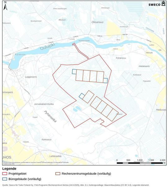 Neun Rechenzentrumsgebäude in zwei Gruppen und drei Bürogebäude auf rund 571 Hektar: der vorläufige Lageplan für den Google-Campus in Muhos, etwa 4 km nordöstlich des Ortskerns. Der schmale Ausläufer im Norden reicht bis an den Fluss Oulujoki, aus dem bei einer Kühlung über Verdunstungskühltürme das Wasser entnommen würde.(Bild:   UVP-Programm Rechenzentrum Muhos (2025), S. 27; Legende übersetzt.)