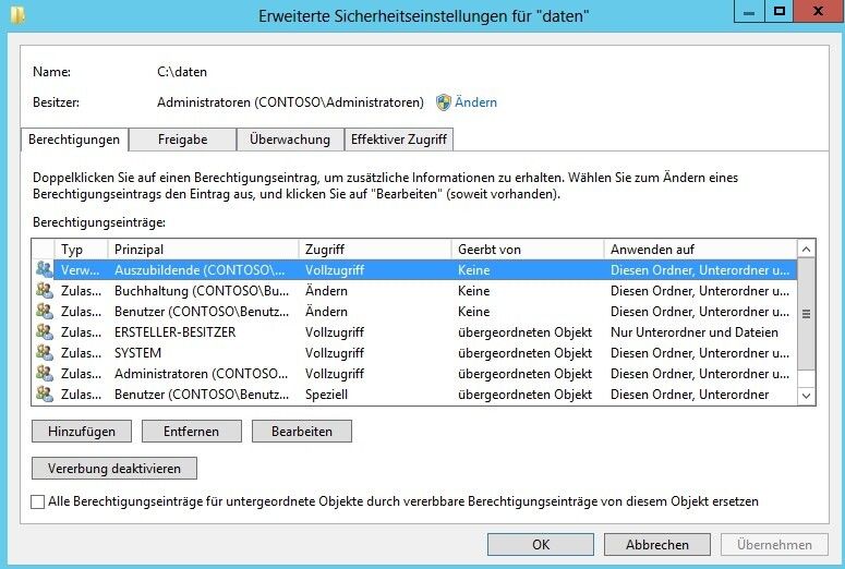 Abbildung 1: In den erweiterten Berechtigungen lassen sich detailliert Rechte für Anwender setzen, verweigern und anpassen. (Bild: Joos)