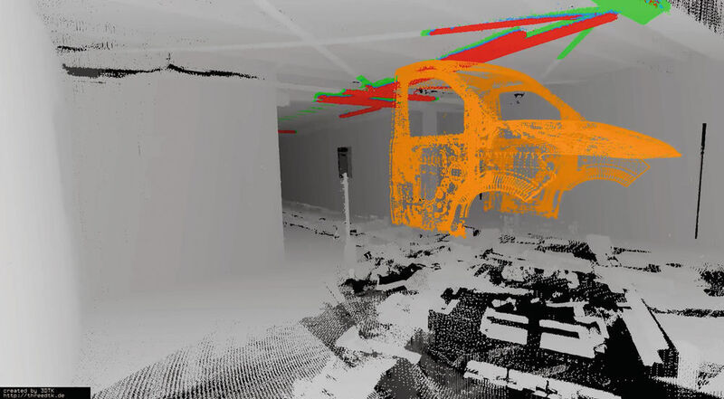 Immer ein aktuelles 3D-Modell der Fertigungsstraße: In der Automobilindustrie nehmen 3D-Scanner die Produktionsumgebung auf, um am Modell zu simulieren, wie die Fertigungsstraße für ein neues Modell umgebaut werden muss. (Bild: presse@uni-wuerzburg.de)