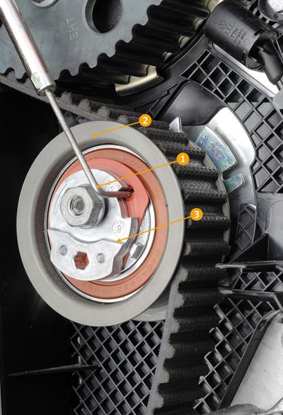 Bild 5: Mutter der Spannrolle lösen (Nr. 1 und Bild 6 Nr. 1). Exzenter der Spannrolle (Nr. 3 und Bild 6 Nr. 2) mit dem Innensechskant gegen den Uhrzeigersinn drehen, bis die Spannrolle mit dem Spezialwerkzeug abgesteckt werden kann (Nr. 2). (Archiv: Vogel Business Media)