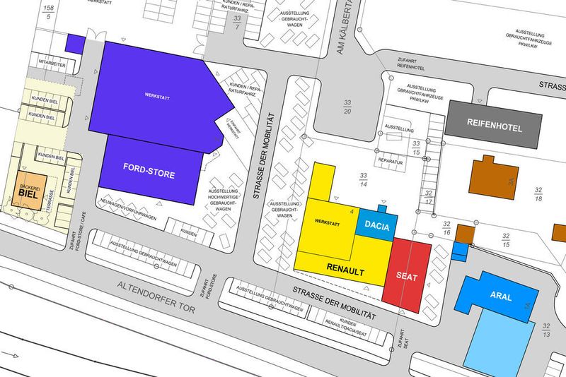 Der Ford-Store links im Bild ist Teil der „Straße der Mobilität“, eines größeren Autohandelskomplexes der Hermann-Gruppe. Sie handelt an dem Standort auch mit Renault, Dacia und künftig Seat sowie mit Gebrauchtwagen. (Hermann-Gruppe)