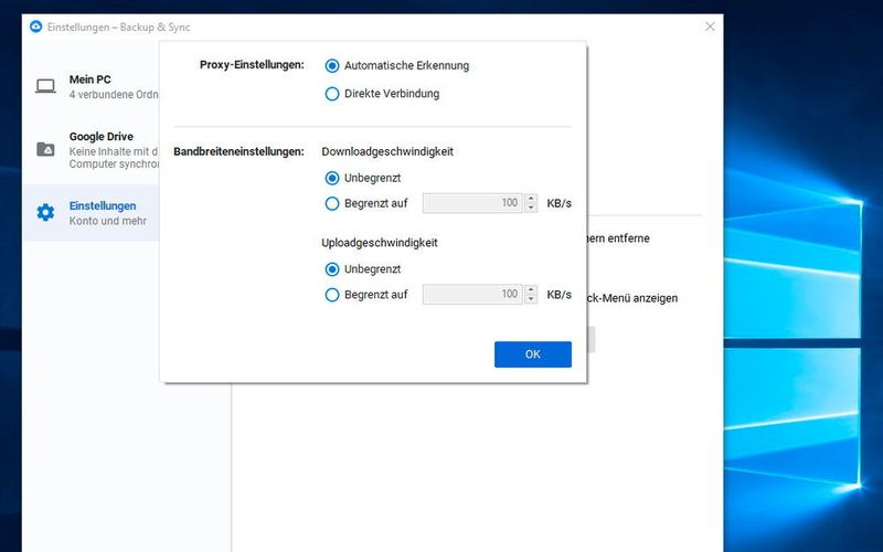 Anpassen der Netzwerkeinstellungen für die Synchronisierung zwischen Google Drive und lokalen PCs mit Google Backup & Sync. (Google / Thomas Joos)