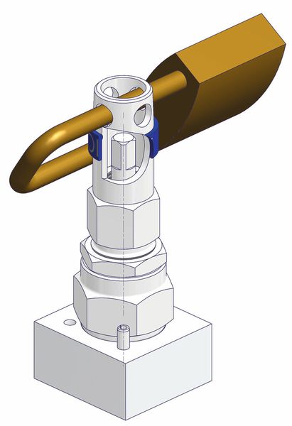 Anti-Tamper Valve Head Options – Standard Design: The valves are operated using a special AT-Key which perfectly matches the reciprocating Anti-Tamper bore. In addition to this security feature, it is also possible to insert a padlock crosswise through the Anti-Tamper bore in order to prevent the insertion of the key. (Picture: Armaturenfabrik Franz Schneider)
