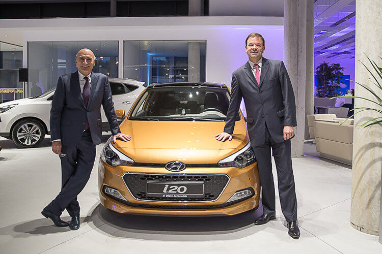 Hyundai-Deutschland-Geschäftsführer Markus Schrick (li.) und Delta-Chef Shahriar Pirzadeh hatten vor dreieinhalb Jahren die Partnerschaft besiegelt. (Hyundai)