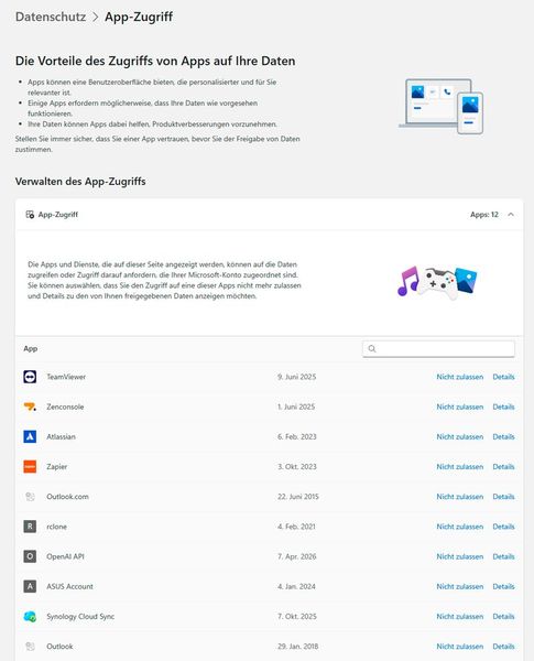 Die Verwaltung des App-Zugriffs listet autorisierte Anwendungen auf und erlaubt das sofortige Entziehen von Zugriffsrechten auf Kontodaten. (Bild: Joos)