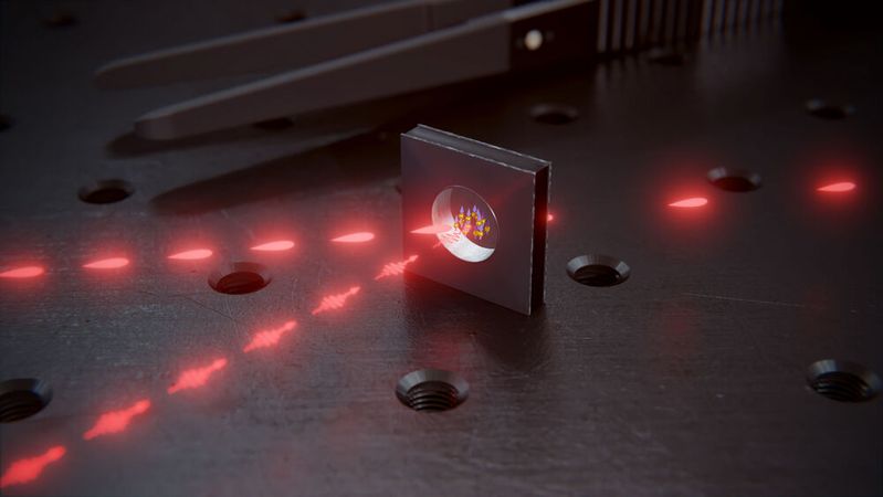 In the glass cell, which is only a few millimeters in size and filled with rubidium atoms, light pulses can be stored and read out again.(Image: Universität Basel, Departement für Physik/Scixel)