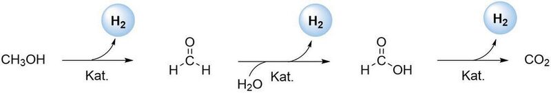 Kaskadenreaktion – Die katalysierte Freisetzung des Wasserstoffs aus einer wässrigen Methanollösung erfolgt in mehreren Schritten und durchläuft verschiedene Intermediate.  (LIKAT)